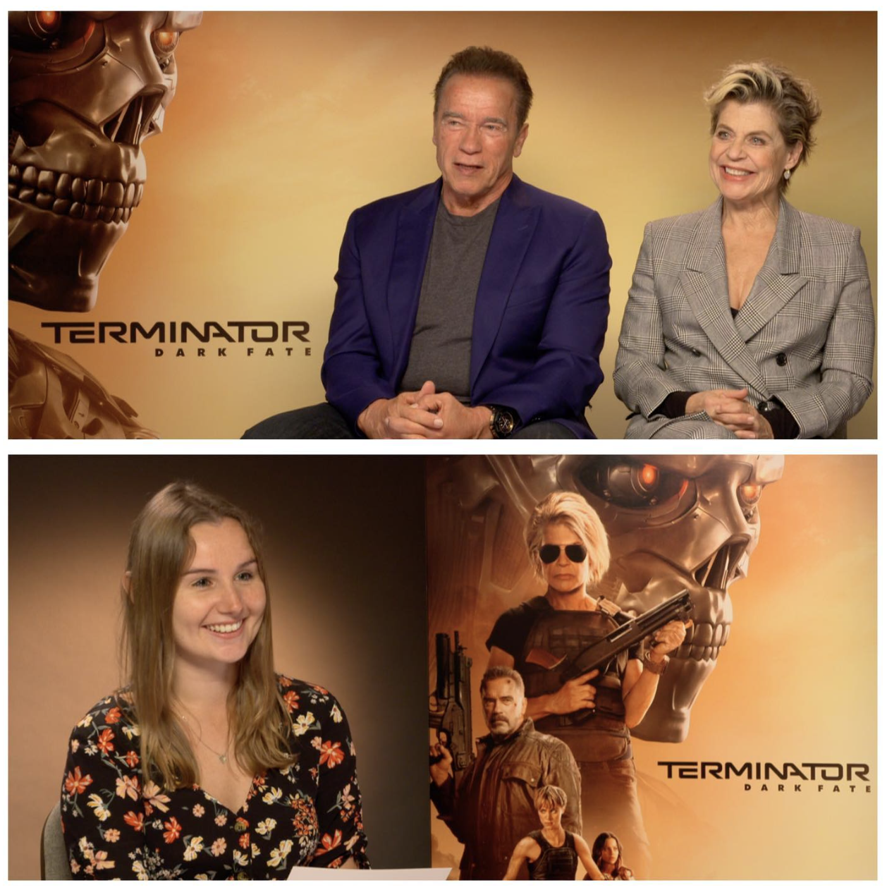 Rachel Babbage interviewing Arnold Schwarzenegger and Linda Hamilton for Terminator: Dark Fate